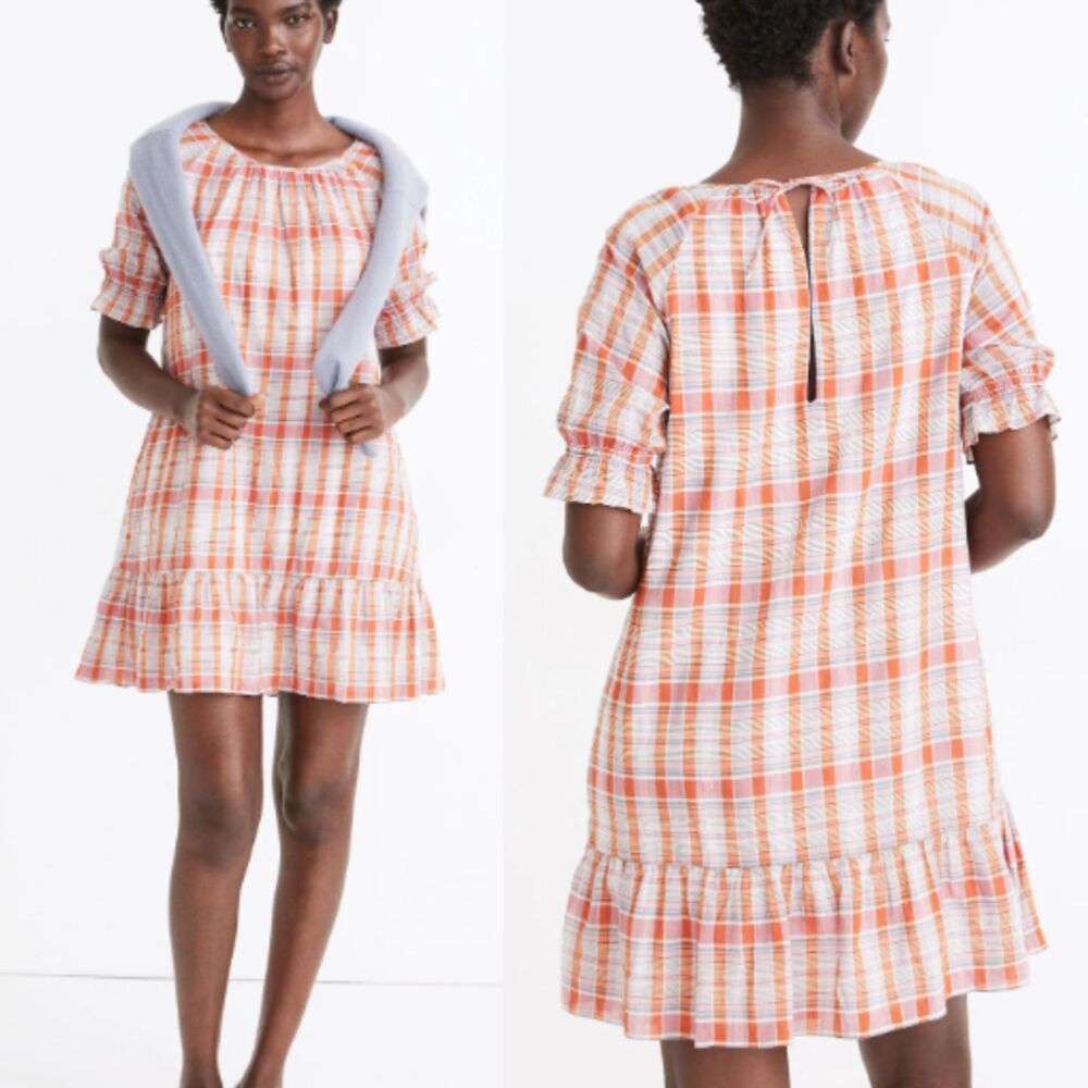 NWT Madewell Women's Plaid Ruffle-Sleeve Popover Mini Dress Enamel Red Size S